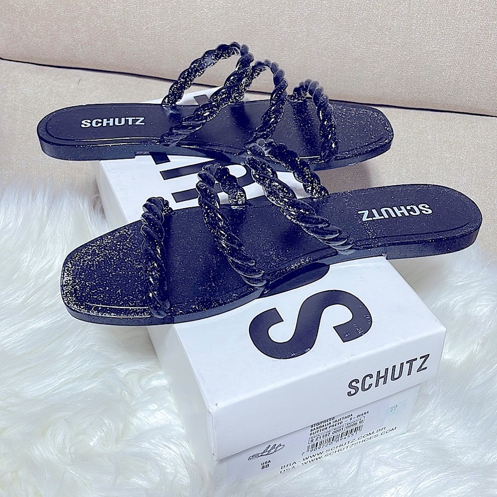 NIB SCHUTZ Glitter jelly black pool slides mules sandals 8B Diana sandals DEAL